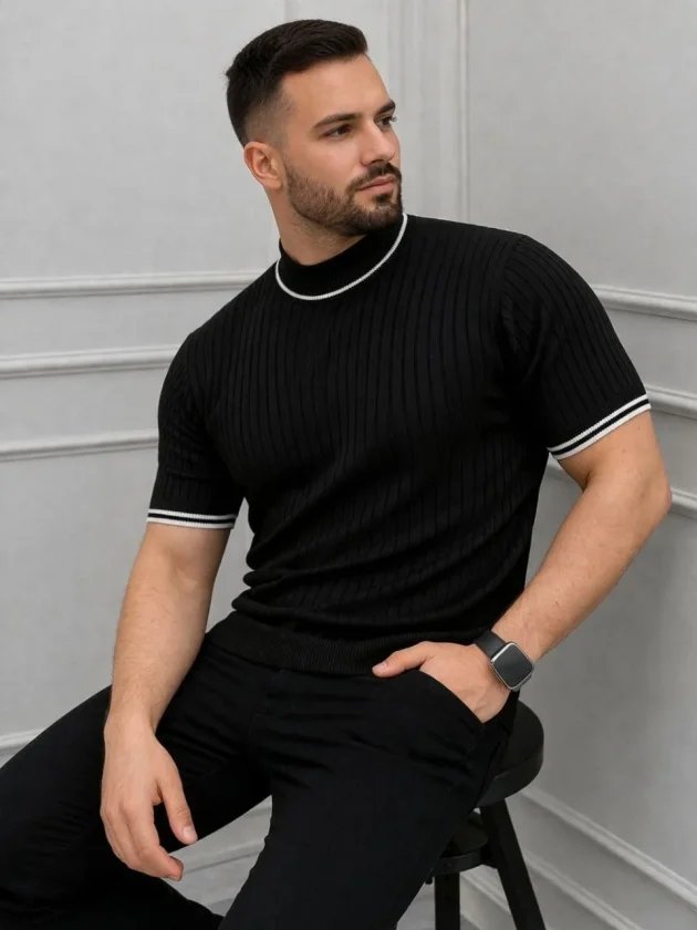 Erkek Fitilli Triko Dokuma Kısa Kol Tişört Yarım Boğaz Modern Yazlık T-Shirt