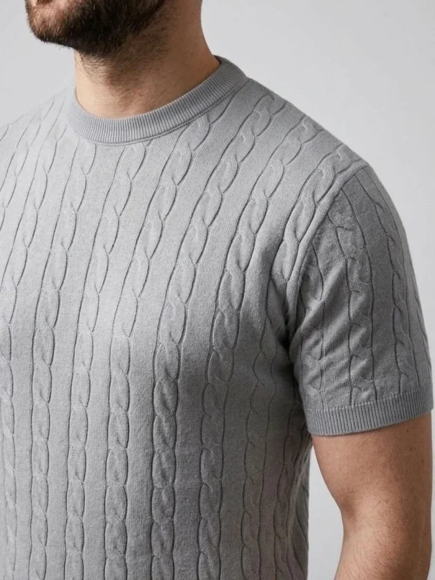 Erkek Yazlık Triko Dokuma Tişört Kısa Kol Bisiklet Yaka Örgü Desenli T-Shirt