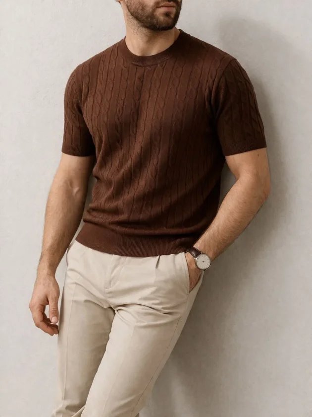 Erkek Yazlık Triko Dokuma Tişört Kısa Kol Bisiklet Yaka Örgü Desenli T-Shirt