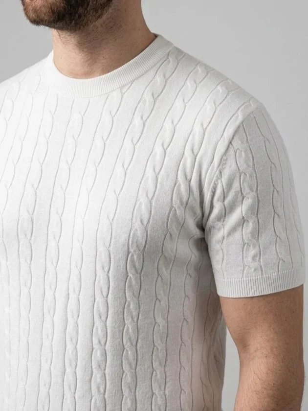 Erkek Yazlık Triko Dokuma Tişört Kısa Kol Bisiklet Yaka Örgü Desenli T-Shirt