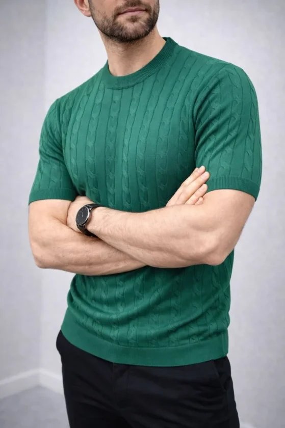 Erkek Yazlık Triko Dokuma Tişört Kısa Kol Bisiklet Yaka Örgü Desenli T-Shirt