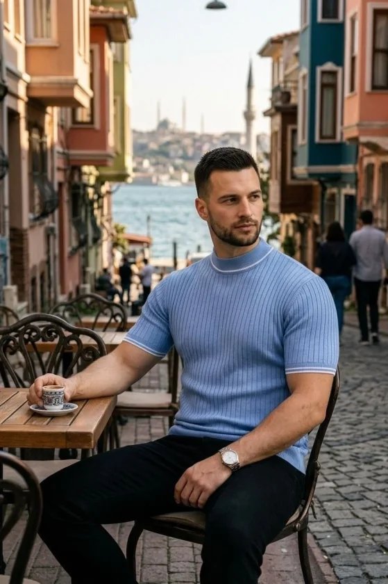 Erkek Fitilli Triko Dokuma Kısa Kol Tişört Yarım Boğaz Modern Yazlık T-Shirt