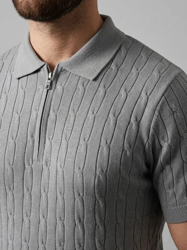 Erkek Yazlık Triko Saç Örgü Tişört Kısa Kol Polo Yaka Fermuarlı T-Shirt