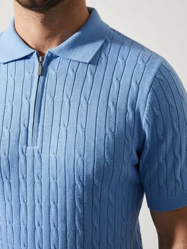 Erkek Yazlık Triko Saç Örgü Tişört Kısa Kol Polo Yaka Fermuarlı T-Shirt