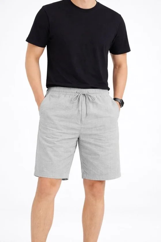 Erkek Keten Kumaş Cepli Rahat Kesim Bel Lastikli Şort