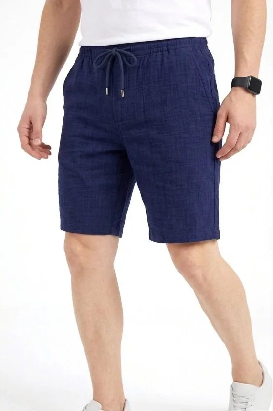 Erkek Keten Kumaş Cepli Rahat Kesim Bel Lastikli Şort