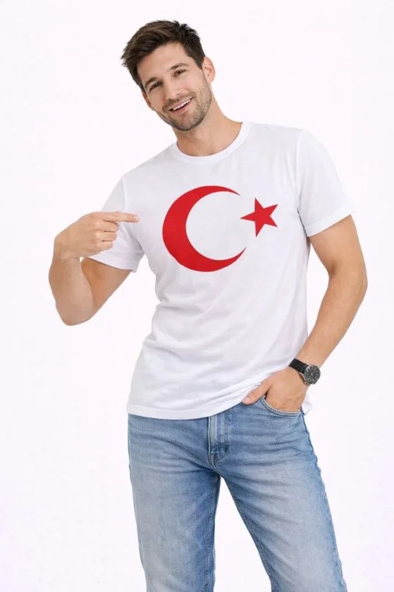 Erkek T-Shirt Kısa Kol Bisiklet Yaka Ay Yıldız Bayrak Baskılı Tişört