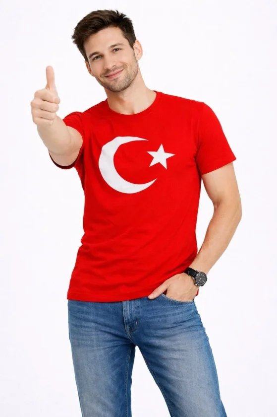 Erkek T-Shirt Kısa Kol Bisiklet Yaka Ay Yıldız Bayrak Baskılı Tişört