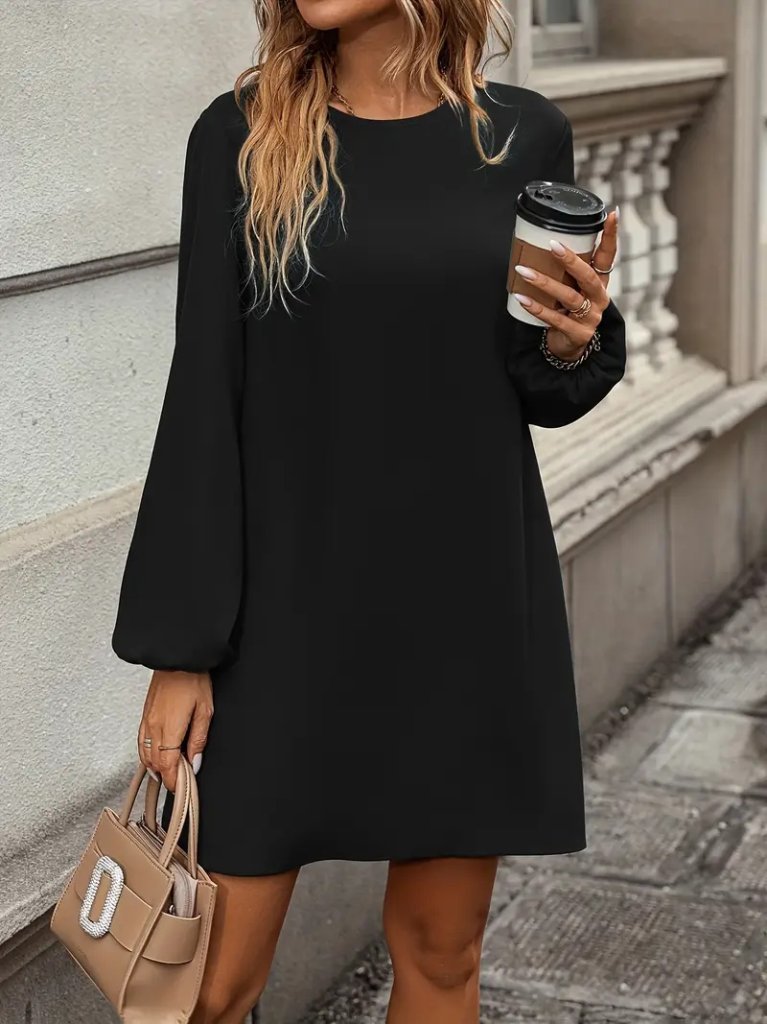 Kadın Uzun Kollu Yuvarlak Yaka Mini Ithal Krep Elbise