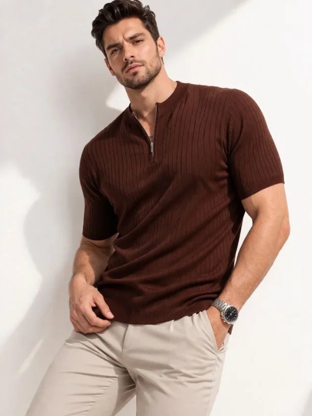 Erkek Kısa Kol Fitilli Triko T-Shirt Yazlık Hakim Yaka Tişört