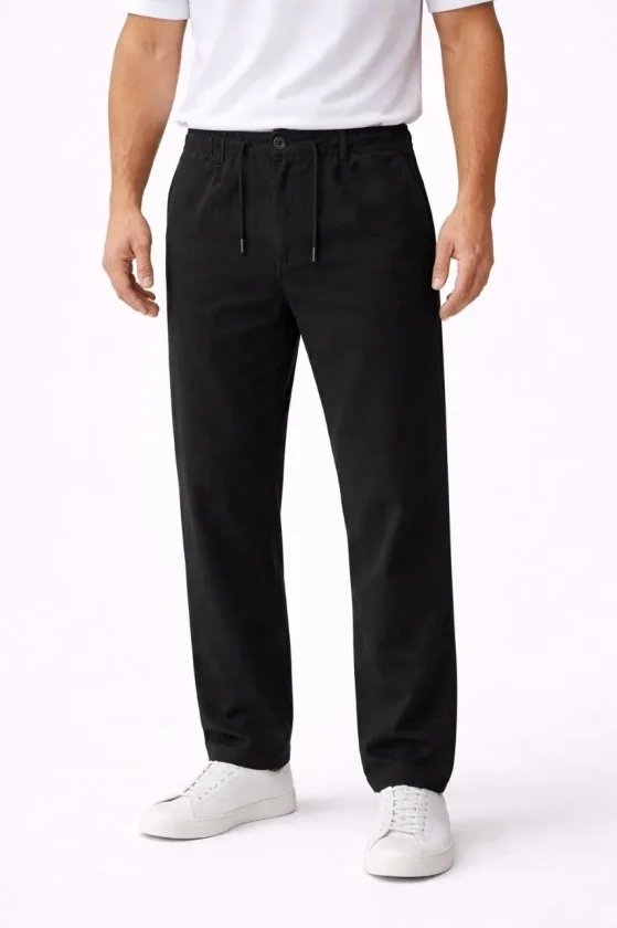 Erkek Keten Cepli Pantolon Lastikli Bel Bağcıklı Önden Fermuarlı