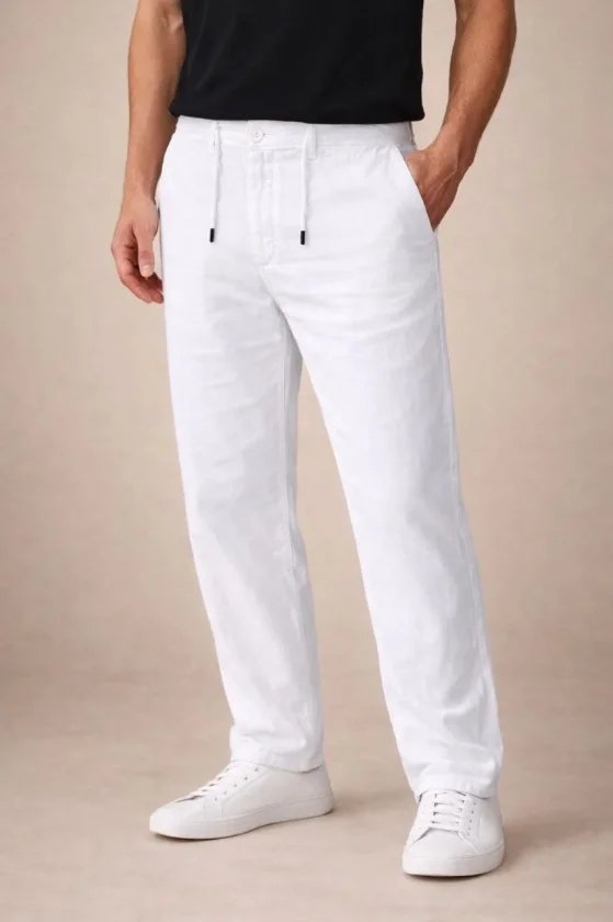 Erkek Keten Cepli Pantolon Lastikli Bel Bağcıklı Önden Fermuarlı