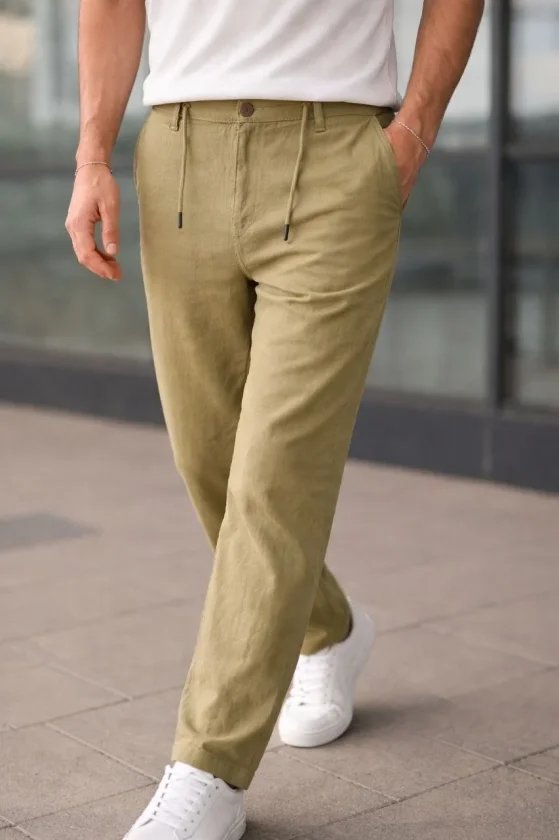 Erkek Keten Cepli Pantolon Lastikli Bel Bağcıklı Önden Fermuarlı