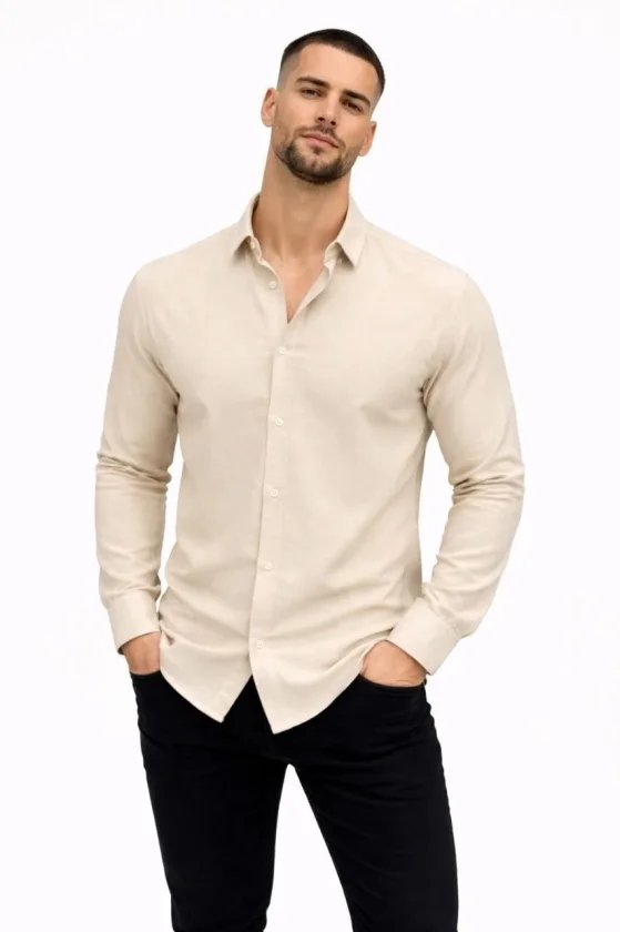 Erkek KETEN Kumaş Oversize Uzun Kollu Rahat Kalıp Gömlek