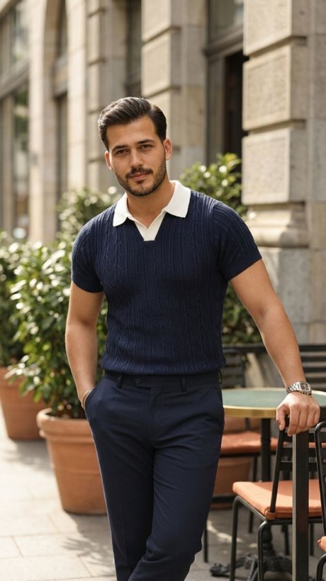 Erkek Desenli Kısa Kollu Triko Tişört - %100 Pamuk Akrilik