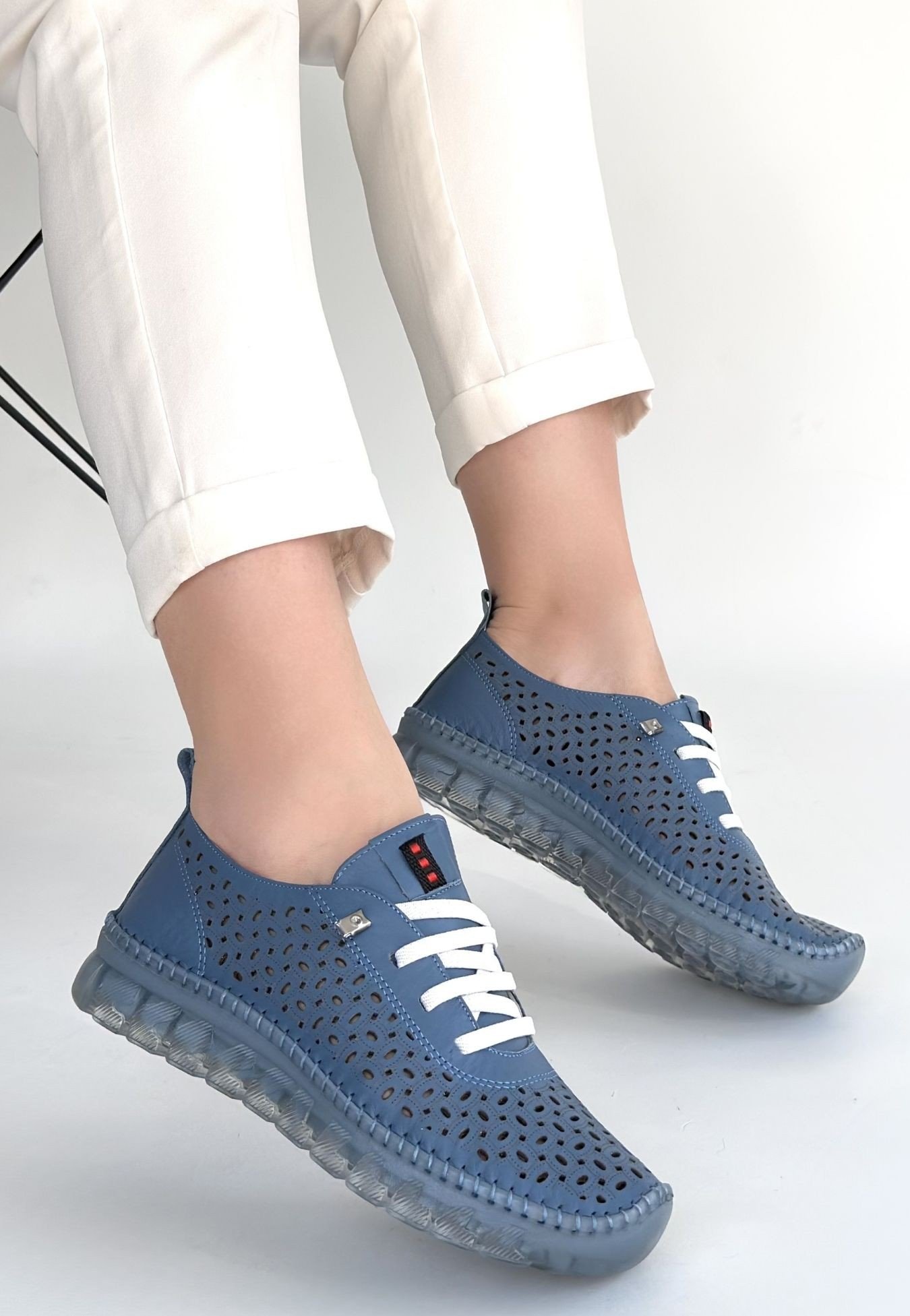 Otja Mavi Deri Lazerli Bağcıklı Spor Ayakkabı