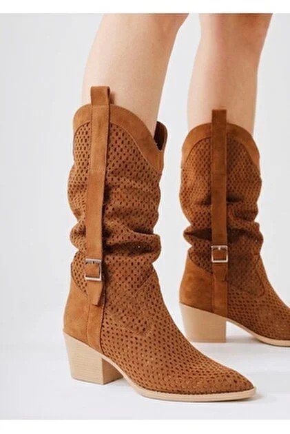 Meria Taba Süet Lazer Kesim Kovboy Topuklu Çizme