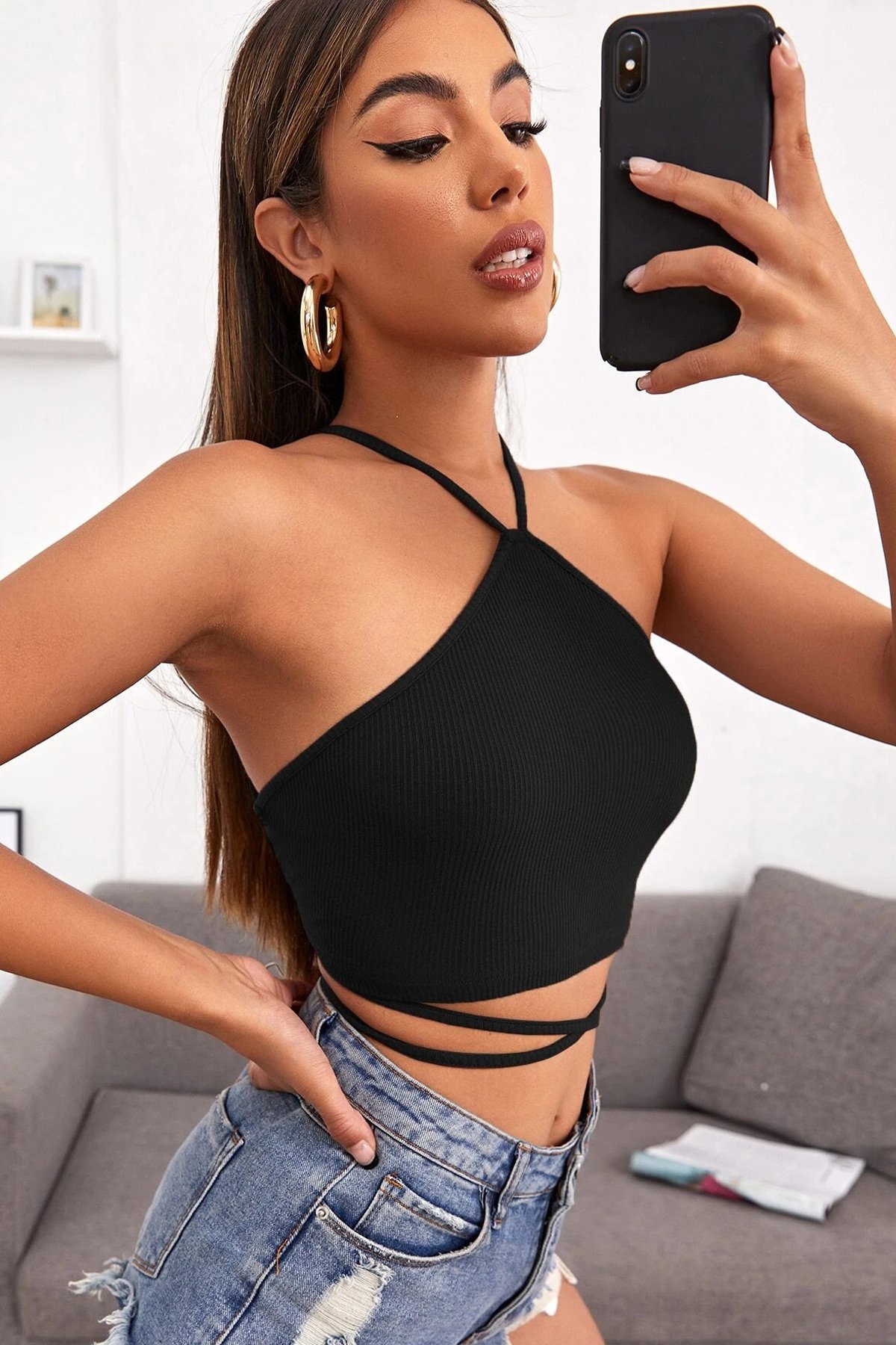 Kadın Siyah Sırtı Açık Boyundan Çapraz Bağlamalı Crop Top Bluz