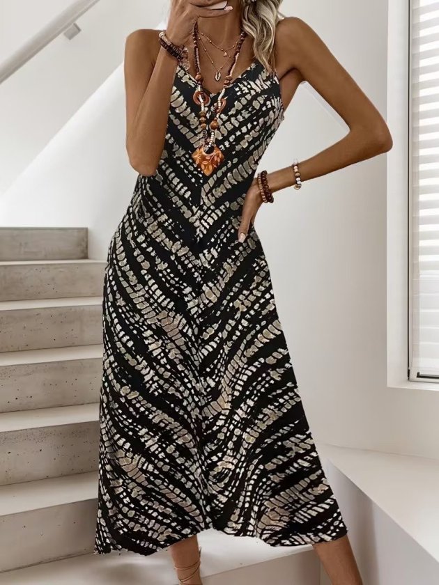 Kadın Ip Askılı V Yakalı Desenli Uzun Süprem Elbise