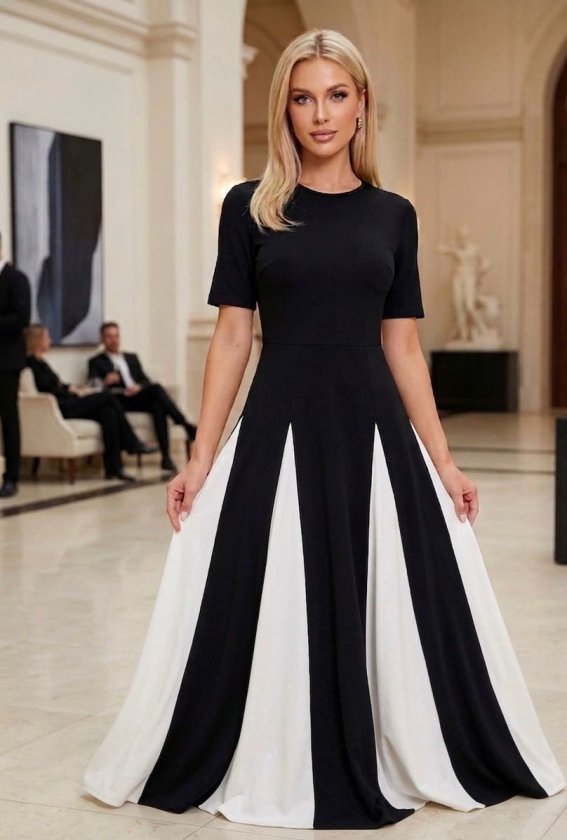 Kadın Eteği Parçalı Kısa Kol Maxi Elbise