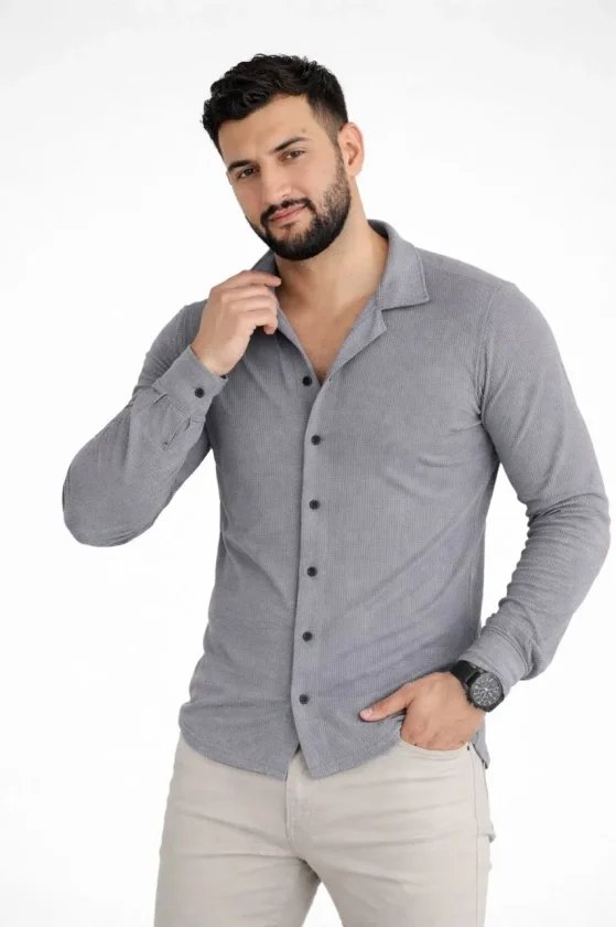 Erkek Waffle Kumaş Uzun Kollu Düğmeli Açık Yaka Regular Fit Gömlek