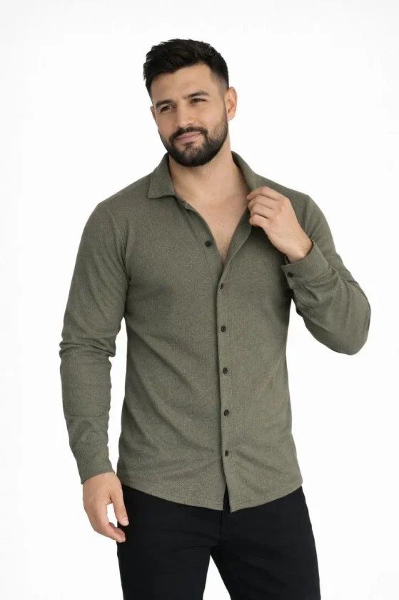 Erkek Waffle Kumaş Uzun Kollu Düğmeli Açık Yaka Regular Fit Gömlek