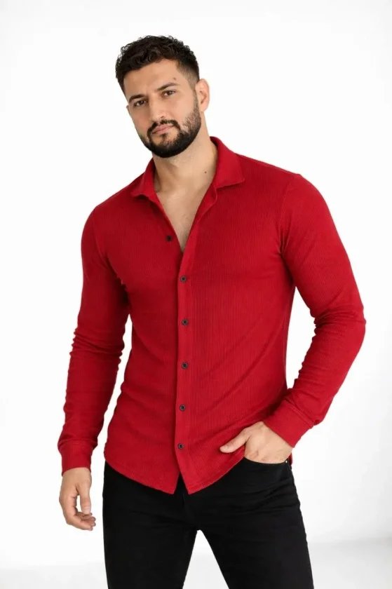 Erkek Waffle Kumaş Uzun Kollu Düğmeli Açık Yaka Regular Fit Gömlek