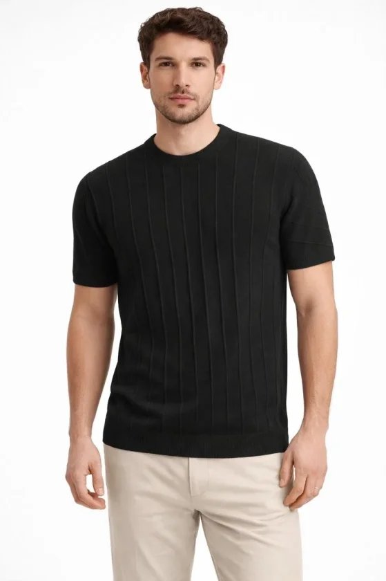 Erkek Yazlık Fitilli Triko Tişört Kısa Kol Bisiklet Yaka T-Shirt