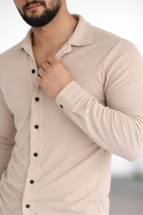 Erkek Waffle Kumaş Uzun Kollu Düğmeli Açık Yaka Regular Fit Gömlek