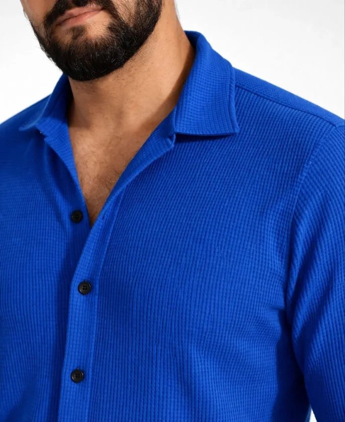 Erkek Waffle Kumaş Uzun Kollu Düğmeli Açık Yaka Regular Fit Gömlek