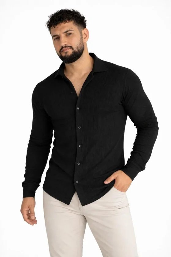 Erkek Waffle Kumaş Uzun Kollu Düğmeli Açık Yaka Regular Fit Gömlek