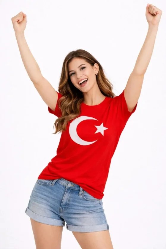 T-Shirt Kısa Kol Bisiklet Yaka Ay Yıldız Bayrak Baskılı Tişört