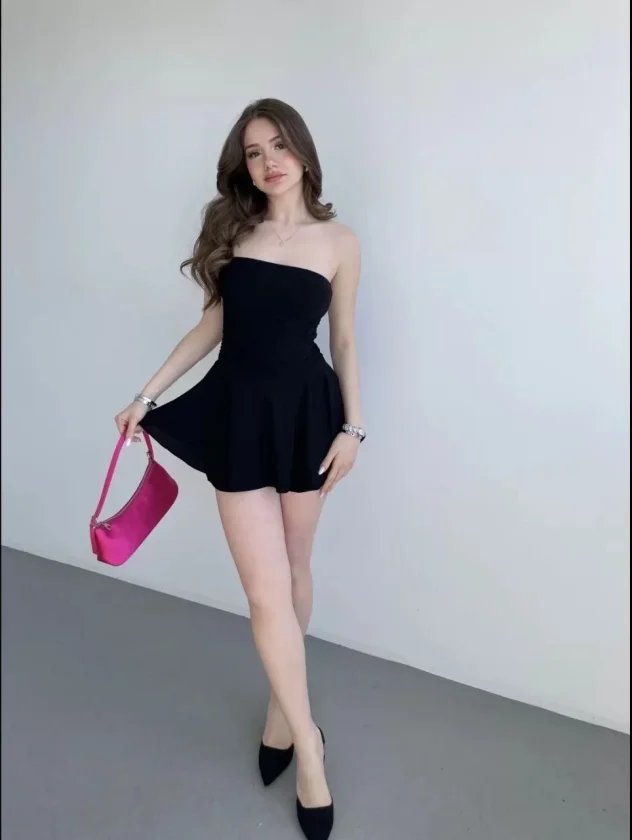 Straplez Mini Etek Görünümlü Şortlu Elbise Büzgülü Şık Yazlık