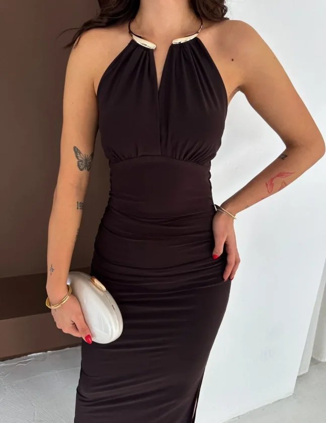 Uzun Abiye Elbise Yırtmaçlı Sırt Dekolteli Şık Gece Elbisesi