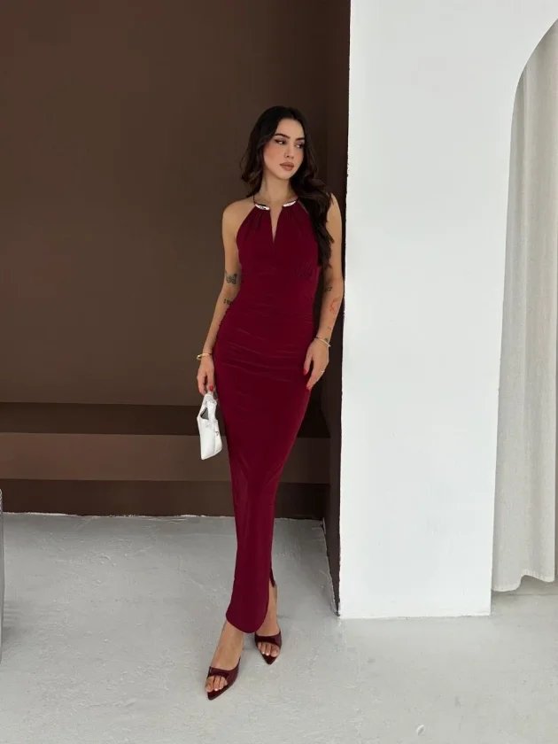 Uzun Abiye Elbise Yırtmaçlı Sırt Dekolteli Şık Gece Elbisesi