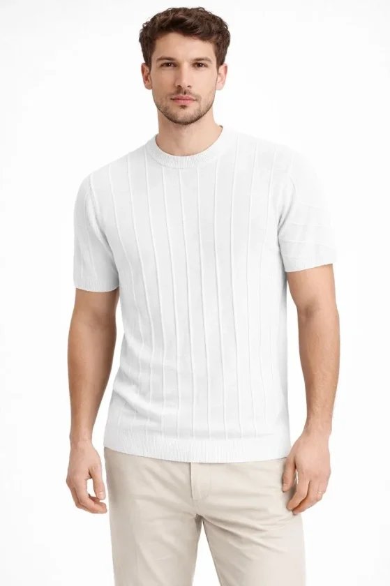 Erkek Yazlık Fitilli Triko Tişört Kısa Kol Bisiklet Yaka T-Shirt