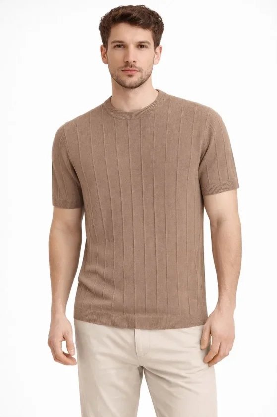 Erkek Yazlık Fitilli Triko Tişört Kısa Kol Bisiklet Yaka T-Shirt