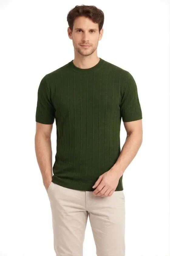 Erkek Yazlık Fitilli Triko Tişört Kısa Kol Bisiklet Yaka T-Shirt