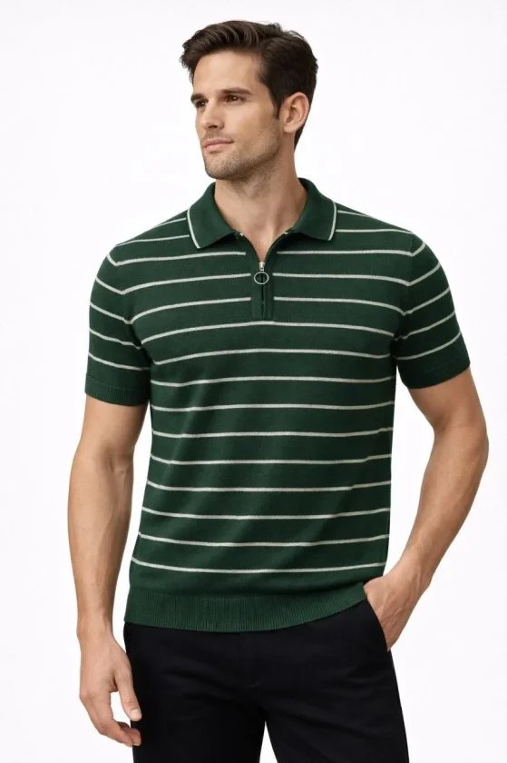 Erkek Triko Polo Yaka Fermuarlı Çizgili Tişört T-Shirt Yazlık Şık