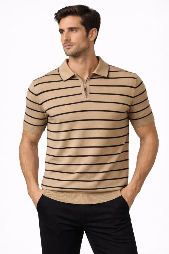 Erkek Triko Polo Yaka Fermuarlı Çizgili Tişört T-Shirt Yazlık Şık