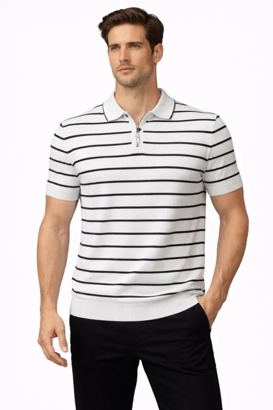 Erkek Triko Polo Yaka Fermuarlı Çizgili Tişört T-Shirt Yazlık Şık