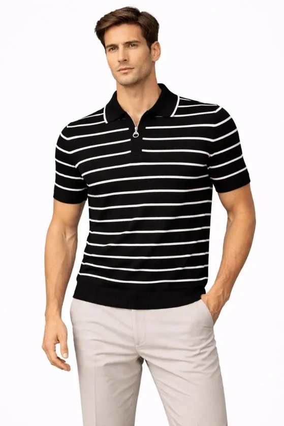 Erkek Triko Polo Yaka Fermuarlı Çizgili Tişört T-Shirt Yazlık Şık