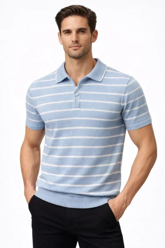 Erkek Triko Polo Yaka Fermuarlı Çizgili Tişört T-Shirt Yazlık Şık