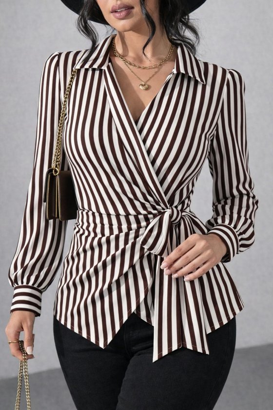 Kadın çizgili Kruvaze Bağlamalı Gömlek