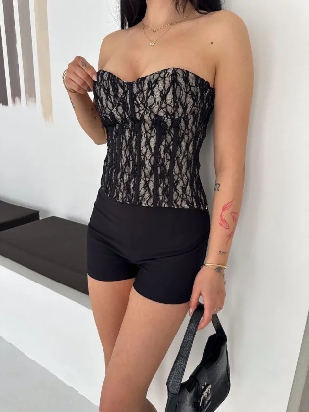 Fermuarlı Dantel Korse Straplez Bustiyer Transparan Şık Top