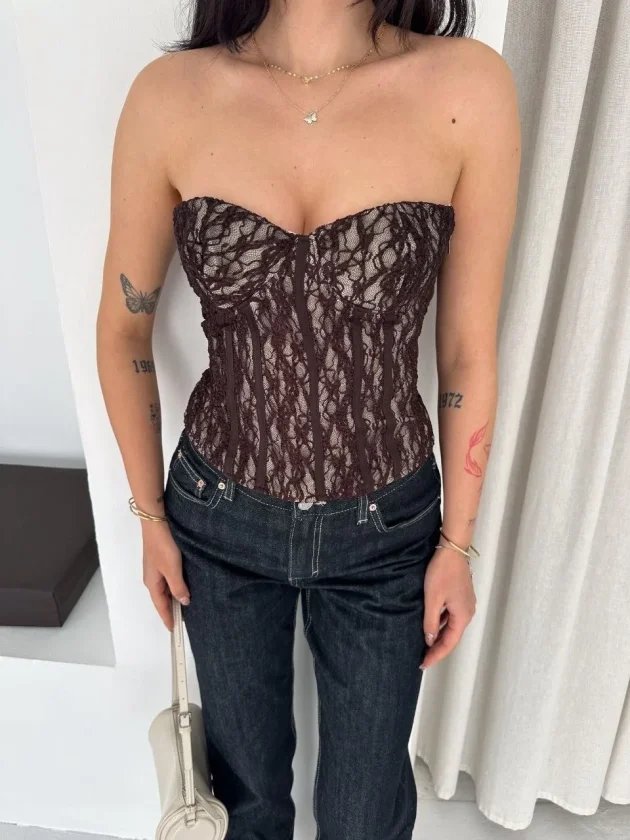 Fermuarlı Dantel Korse Straplez Bustiyer Transparan Şık Top