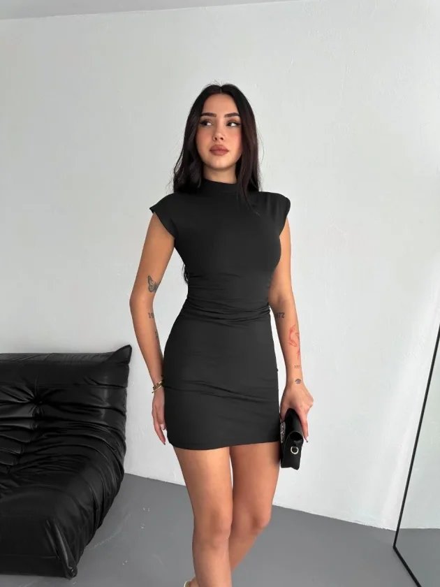 Mini Elbise Yarım Balıkçı Yaka Vücuda Oturan Şık Günlük Elbise