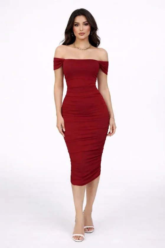 Madonna Yaka Drapeli Midi Elbise Likralı Vücuda Oturan Davet Elbisesi