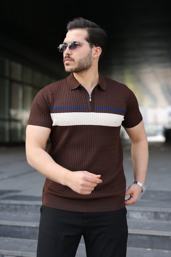 Erkek Örgü Desenli Renkli Kısa Kollu Triko Tişört