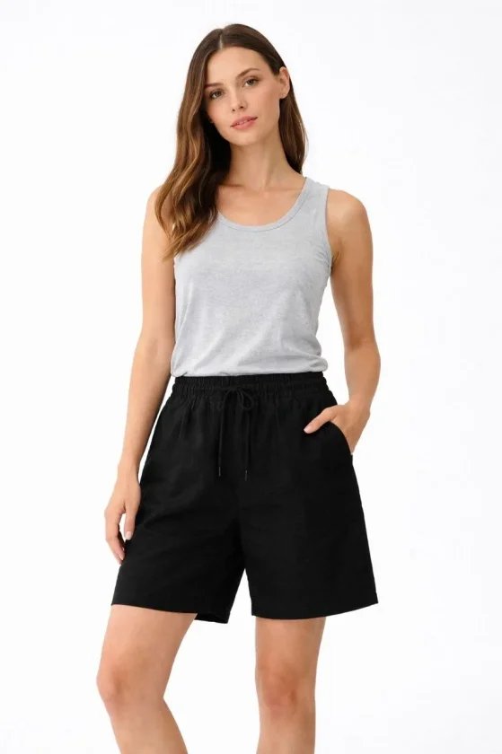 Keten Kumaş Cepli Rahat Kesim Bel Lastikli Şort